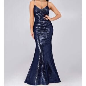 Ever Pretty Navy Blue Sexy Spaghetti Straps Fishtail Sequin Evening Gown US 16